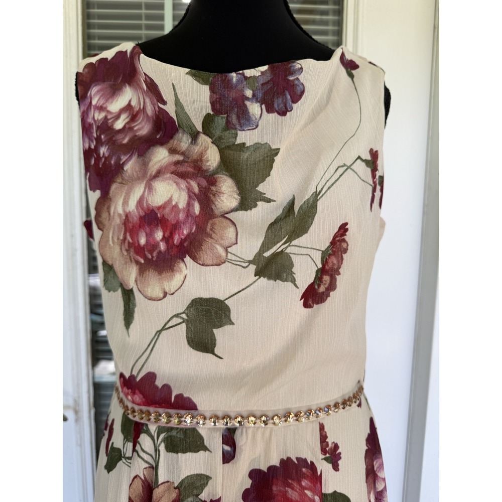 Floral Sheer Metallic Weave Rhinestone Waist Sz 8 Romantic Tea Length Dress - Picture 5 of 9